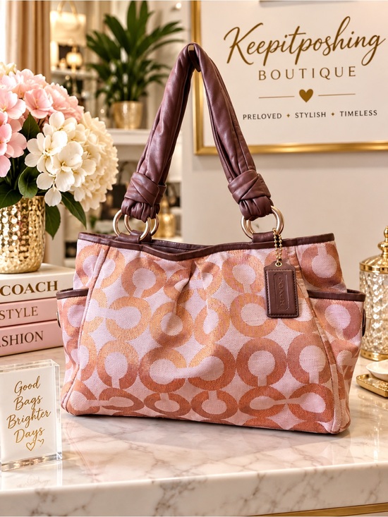 Coach Handbags - Coach Pink & Brown Signature Canvas Shoulder Bag